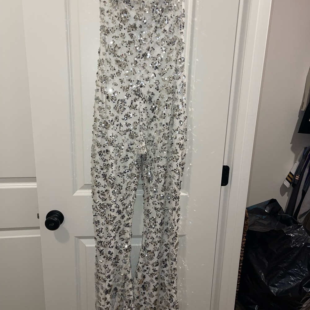 12th Tribe Silver Sequin Boot Cut Jumpsuit - Picture 3 of 7